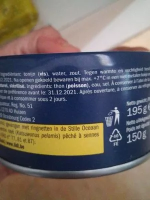 List of product ingredients Thon Entier au naturel Nixe 195g