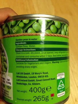 List of product ingredients Garden peas freshona 265 g