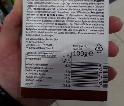 List of product ingredients Dark Chocolate Drops Belbake 10 g