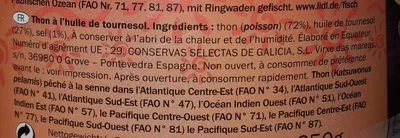 Liste des ingrédients du produit Atún en aceite de girasol Nixe, NiXe, Lidl 900g / net égoutté : 650g