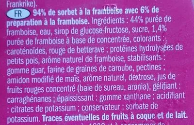 Lista de ingredientes del producto Sorbet a la framboise Gelatelli, Deluxe 1 l, 670 g