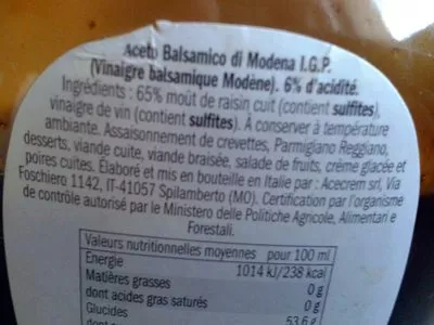 Liste des ingrédients du produit Aceto Balsamico Di Modena, I. G. P. Deluxe 250 ml