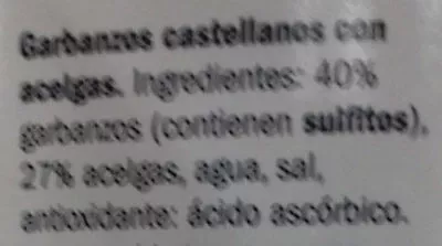 Lista de ingredientes del producto Garbanzos de Castilla con acelgas Deluxe 660 g (neto), 450 g (escurrido), 720 ml