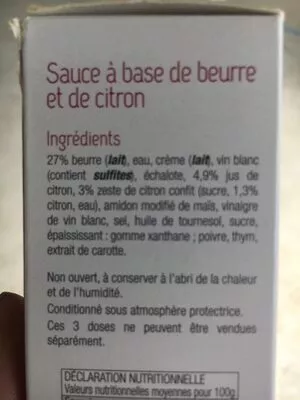 List of product ingredients Sauce beurre blanc et citron confit Toque du Chef, Lidl 150 g (3 * 50 g)