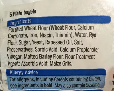 List of product ingredients Plain Bagels Rowan Hill bakery 5