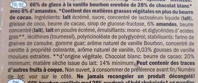 Lista de ingredientes del producto White choco almond frozen dairy dessert bars, white choco almond Gelatelli 90 g