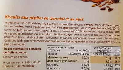 Liste des ingrédients du produit Envitas miel & pépites de chocolat Sondey 400 g, 8 sachets de 4 biscuits