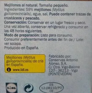 List of product ingredients Mejillones pequeños al natural Nixe 115 g, 13/18
