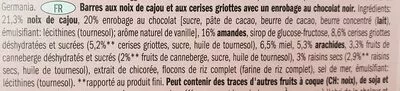 List of product ingredients Nut Bar Cashew & sour cherry Vemondo 