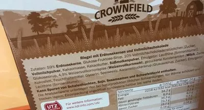 Liste des ingrédients du produit Barres gourmandes Cacahuètes et chocolat au lait crownfield 96 g, 4 barres de 24 g
