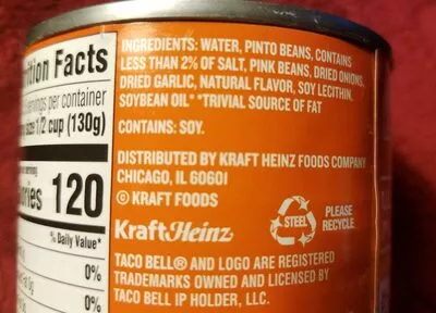 Lista de ingredientes del producto Taco Bell Fat-Free Refried Beans Heinz 