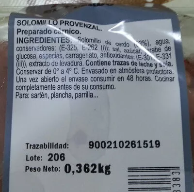 List of product ingredients Solomillo provenzal Delisano 0,362 kg