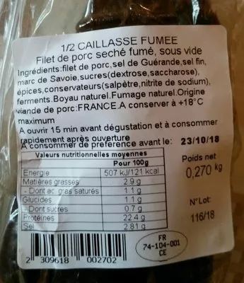 Liste des ingrédients du produit Caillasse de Savoie fumée  0,270 kg