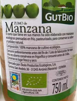 Lista de ingredientes del producto Zumo de manzana Gutbio 750 ml