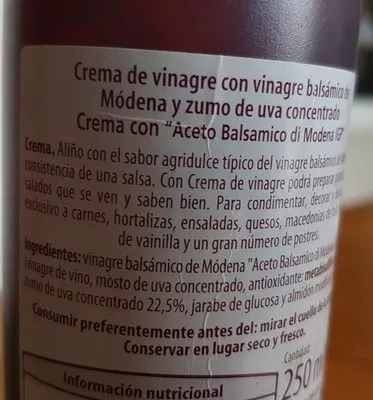 Liste des ingrédients du produit Balsámico De Módena La Villa 250 ml