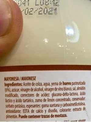 Lista de ingredientes del producto Mayonesa  