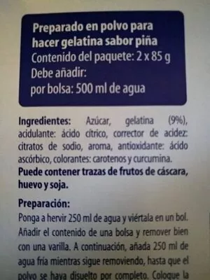 Lista de ingredientes del producto Preparado de Gelatina. Sabor Limón. la villa 2 x 85 g