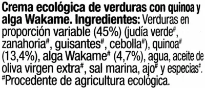 Liste des ingrédients du produit Crema ecológica de verduras con quinoa y alga wakame GutBio 490 g (neto), 500 ml