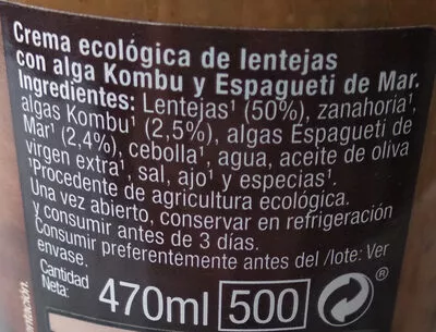 Lista de ingredientes del producto Crema ecológica de lentejas GutBio 470 ml