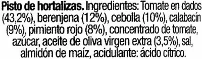 Lista de ingredientes del producto Pisto de hortalizas El Cultivador 420 g (neto), 425 ml
