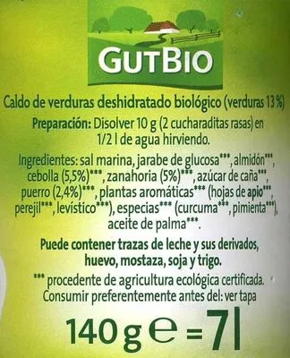 Lista de ingredientes del producto Caldo de verduras GutBio 140 g