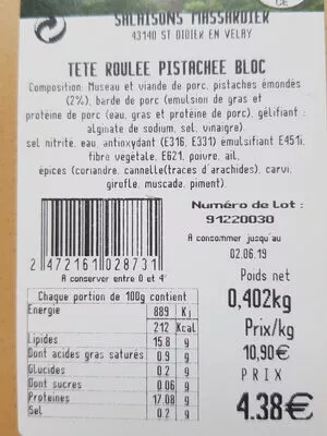 Liste des ingrédients du produit Tête roulée pistachée bloc Salaisons Massardier 402 g