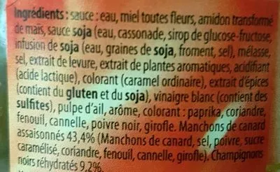 Lista de ingredientes del producto Canard laqué aux champignons noirs Asia Green Garden, Aldi 760 g e
