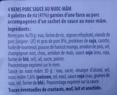 List of product ingredients 4 nems poulet sauce au Nuoc-Mâm ASIA Green garden 4 nems 310 grammes