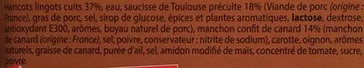 List of product ingredients Cassoulet au Confit de Canard ou Confit de Canard aux Lentilles Les Légendaires, Aldi 350 g
