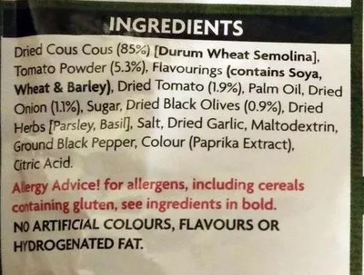 List of product ingredients Mediterranean Style Tomato Cous Cous ASDA 110g