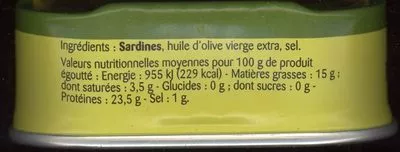 Lista de ingredientes del producto Sardines Sélection (à l'Huile d'Olive) Parmentier 135 g, 95g net