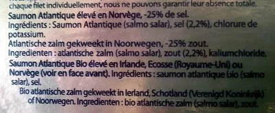Lista de ingredientes del producto Saumon fumé Bio, doux et équilibré Labeyrie 75 g