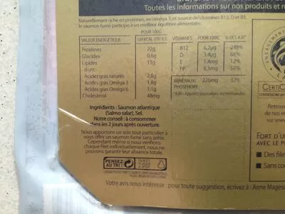 Liste des ingrédients du produit Saumon fumé Ecosse Labeyrie 80 g