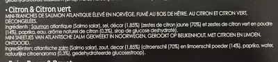 Liste des ingrédients du produit 12 mini tranche de saumon fumé Citron & Citron vert Labeyrie 80 g