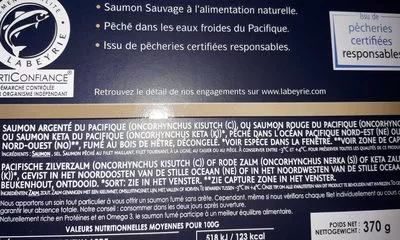 Liste des ingrédients du produit Saumon fumé le sauvage du Pacifique Labeyrie 10 tranches