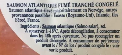 Liste des ingrédients du produit Saumon atlantique fumé tranche congelé Labeyrie 