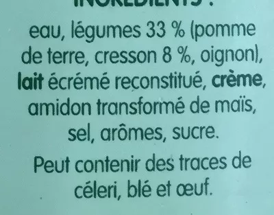 Lista de ingredientes del producto PurSoup' Velouté de cresson Liebig, Continental Foods, CVC Capital Partners 1 L