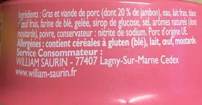 List of product ingredients Pâté de jambon William Saurin 76,5 g e