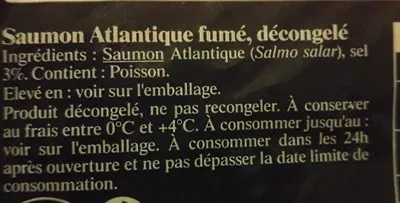 List of product ingredients Saumon Atlantique Fumé Delpierre 