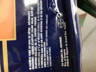 List of product ingredients Saumon Atlantique Fume Delpierre 