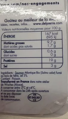 List of product ingredients Saumon fumé bio Delpierre 120 g