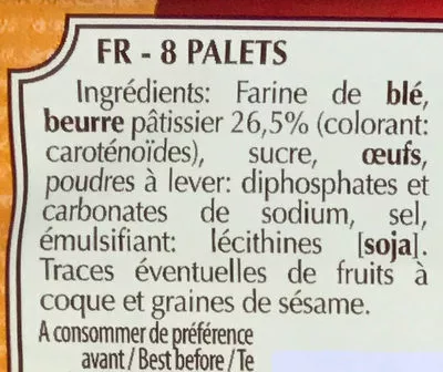 Lista de ingredientes del producto Palets Bretons Pur Beurre Saint Aubert 125 g e
