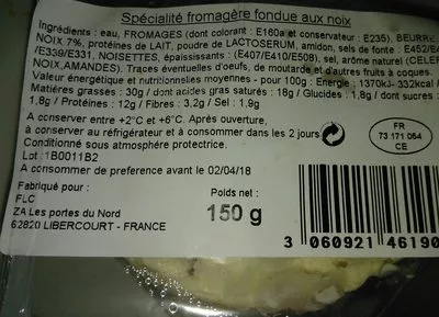 Liste des ingrédients du produit Spécialités fromagère fondue aux noix FLC 150 g