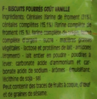 Liste des ingrédients du produit Céréales complètes Biscuits goût Vanille BN 37,5 g