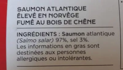 List of product ingredients Saumon fumé extra Norvège Delpeyrat 210 g