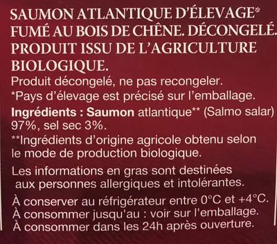 List of product ingredients Saumon fumé bio Delpeyrat 