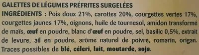 Lista de ingredientes del producto Les Galettes de légumes - La Printanière : Duo de Courgettes, Pois Doux, Carottes Bonduelle 300 g (8 galettes)