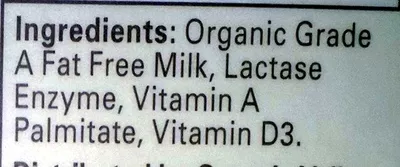 Lista de ingredientes del producto Lactose free Fat free Milk Organic Valley Half Gallon (1.89 L)
