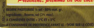 Liste des ingrédients du produit Beurre gastronomique demi sel Président 250 g