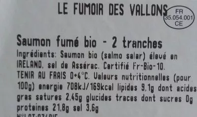 List of product ingredients Saumon biologique fumé 2 tranches Reizh 